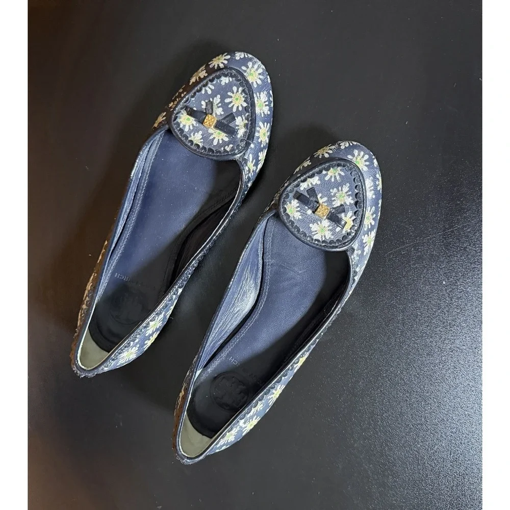 Tory Burch Reva Floral Print Ballet Flats Daisy Leather Women's Size 7 Logo